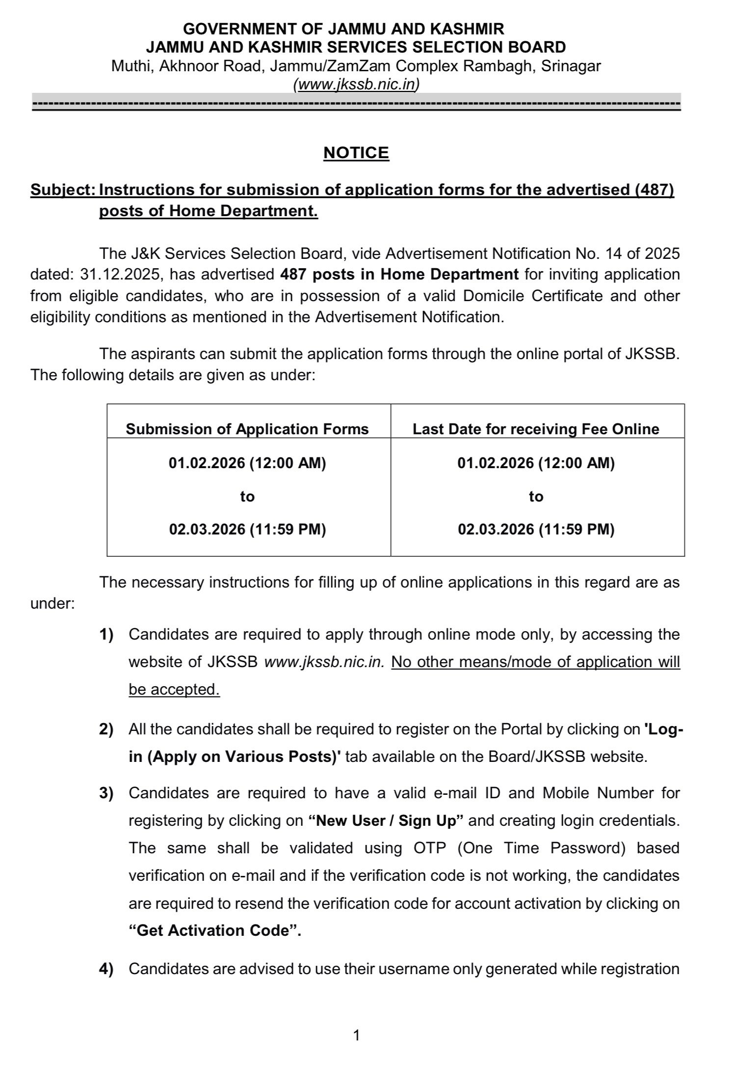 JKSSB Home Department Recruitment 2026