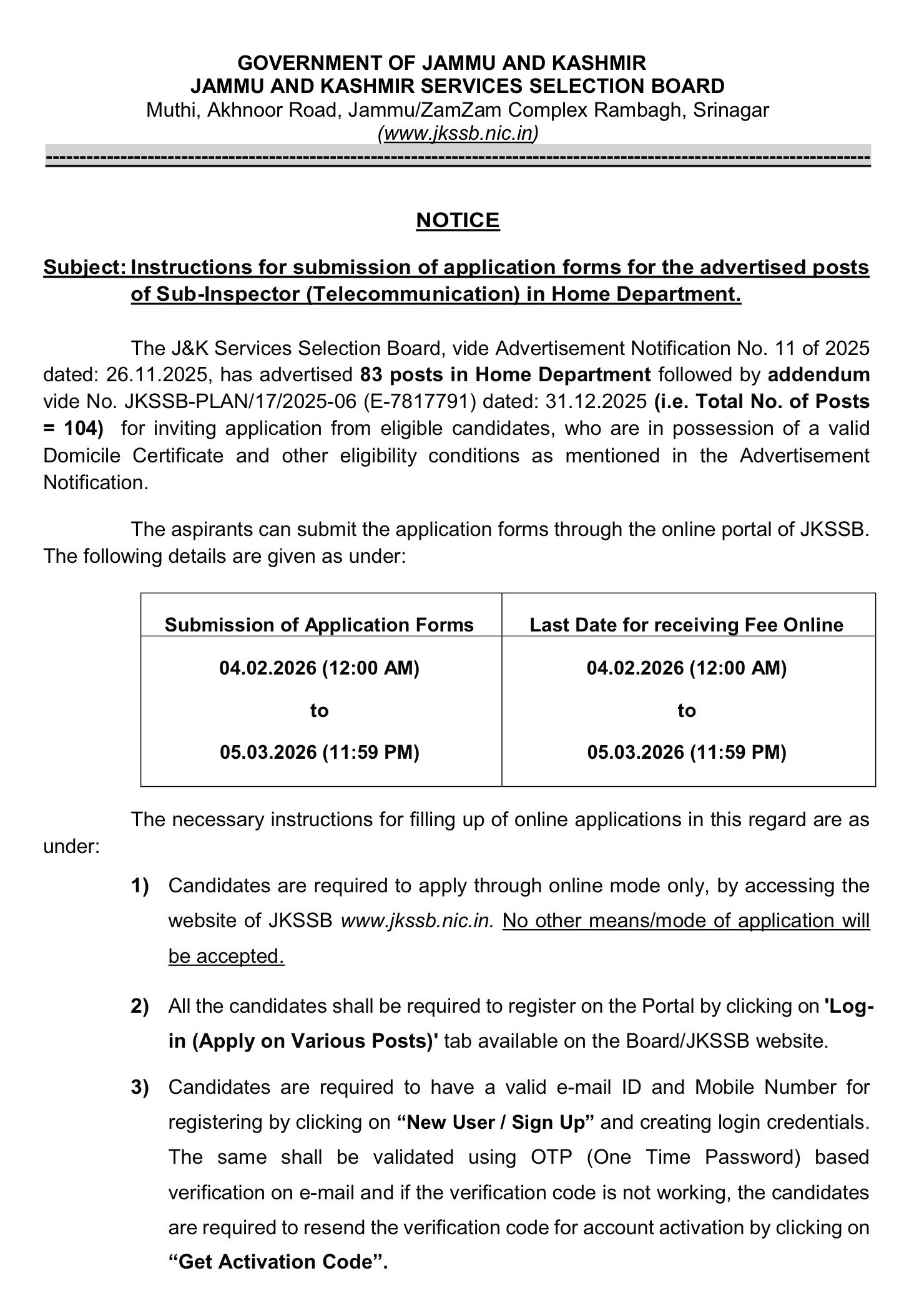 JKSSB Sub Inspector SI Online Form 2026
