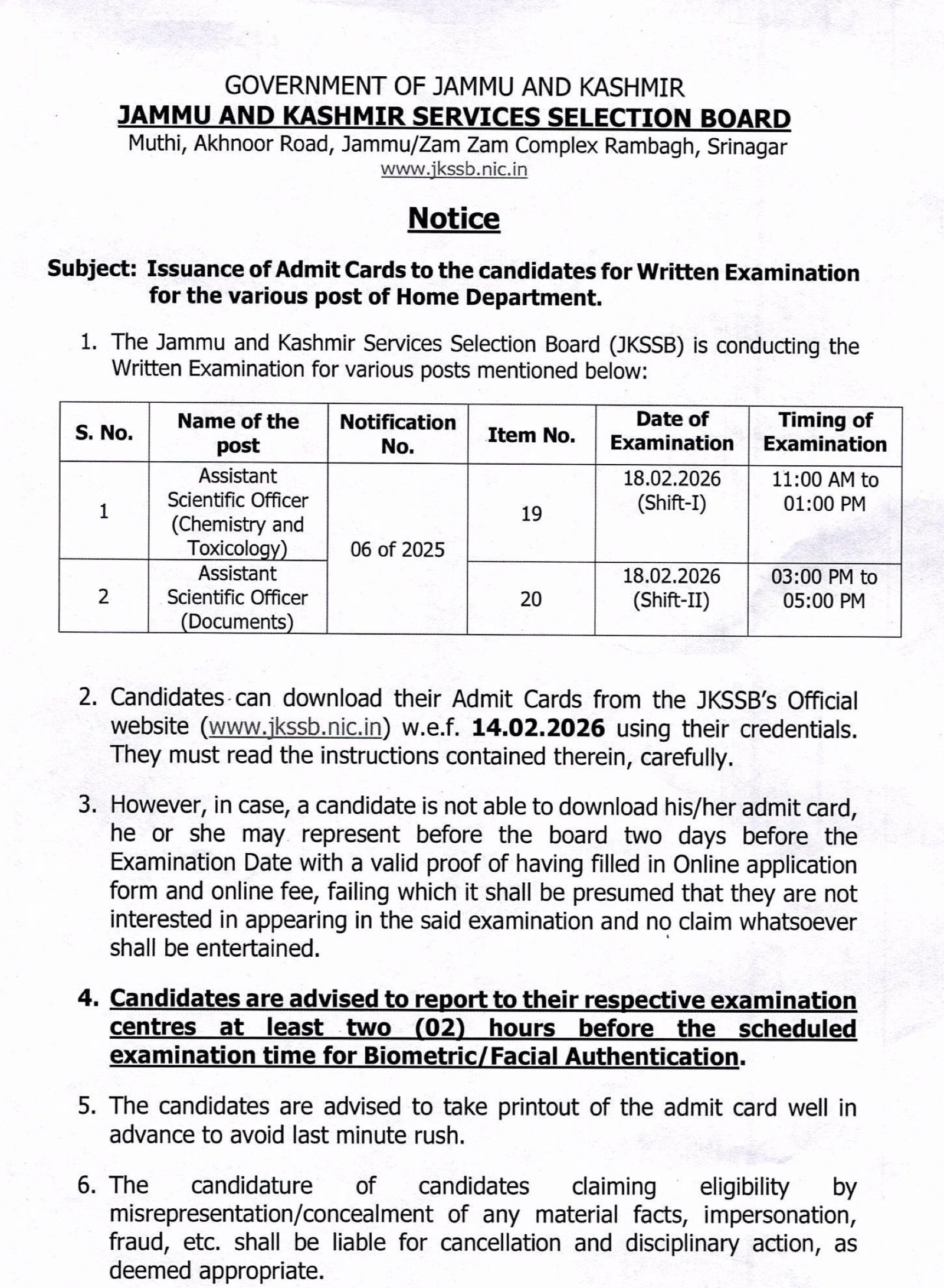 JKSSB Admit Card 2026