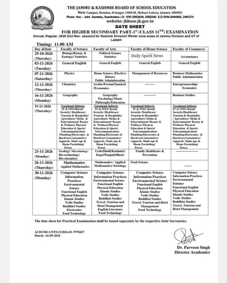 JKBOSE 11th Date Sheet 2026 Released, 11th (Oct-Nov) Download PDF